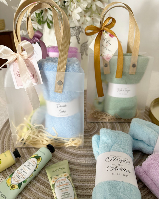 MICROFIBER TOWEL + HAND CREAM WITH PERSONALIZED SLEEVE + FROSTED BAG