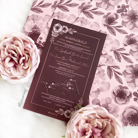 Stunning Burgundy Floral Wedding Invitations | Kad Kahwin Singapore