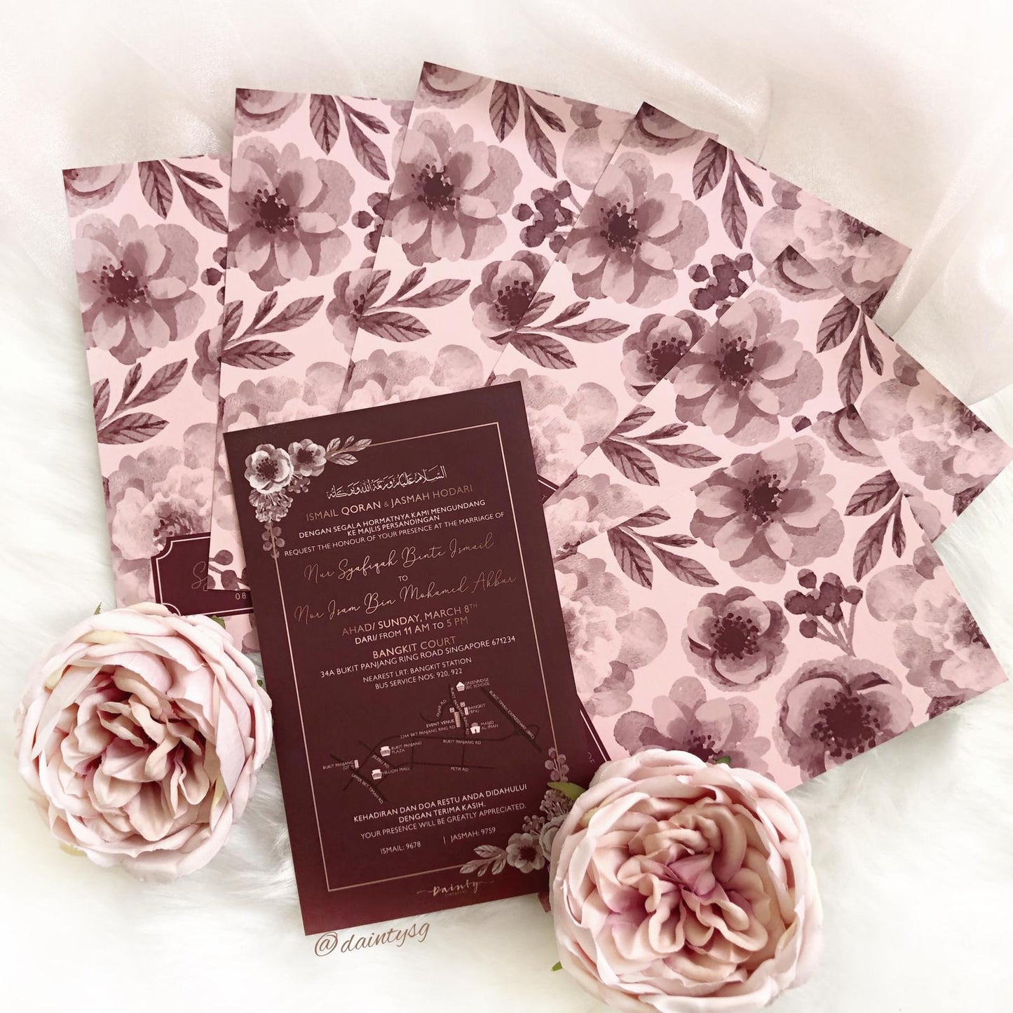 Stunning Burgundy Floral Wedding Invitations | Kad Kahwin Singapore
