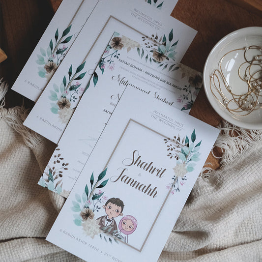 Couple Illustration Eucalyptus Frame Wedding Invitations | Kad Kahwin Singapore
