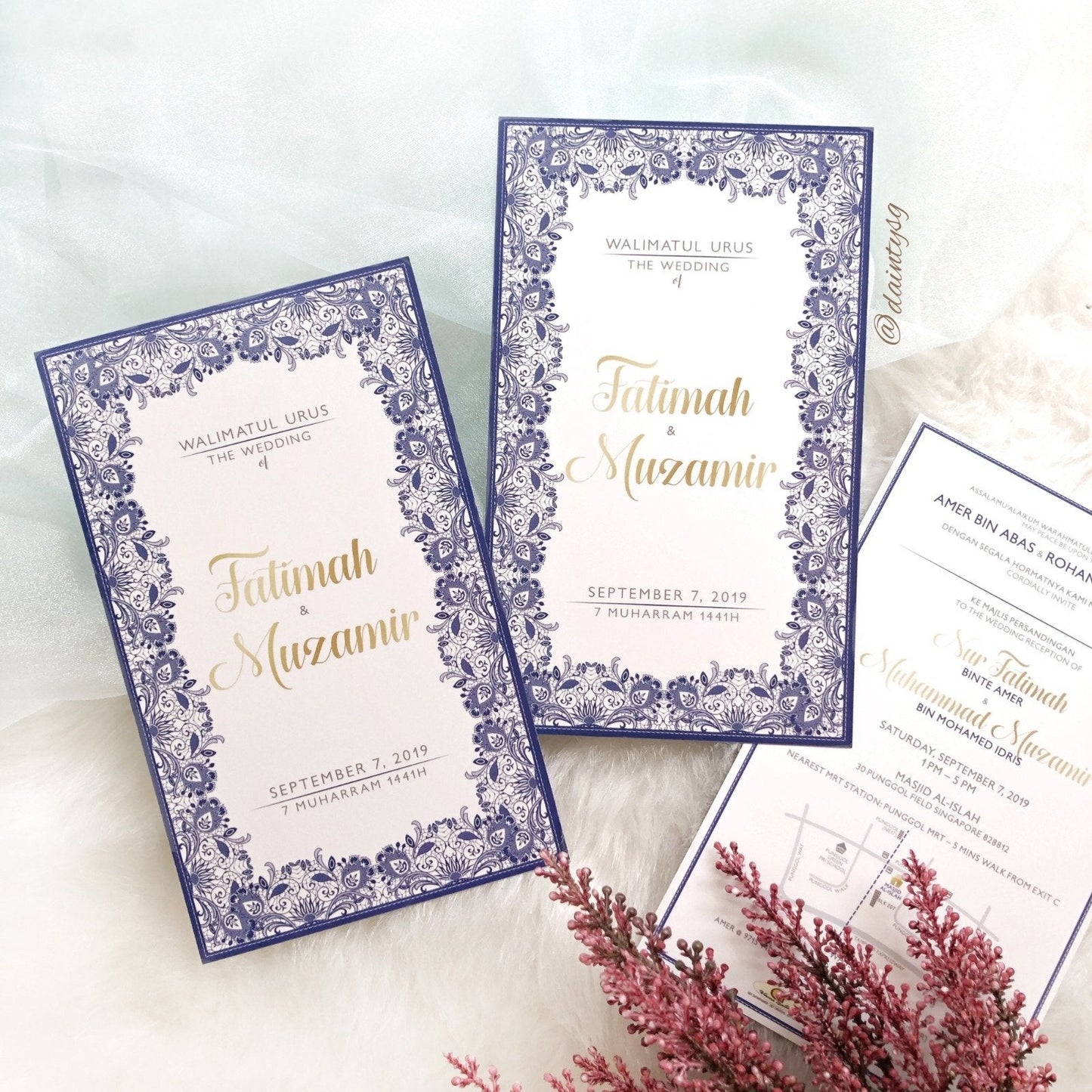 Romantic Gold And Navy Blue Lace Invitations | Wedding Card SG