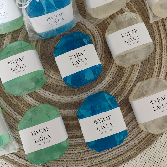 SCENTED GEM SOAP WITH PERSONALIZED SLEEVE + ORGANZA BAG