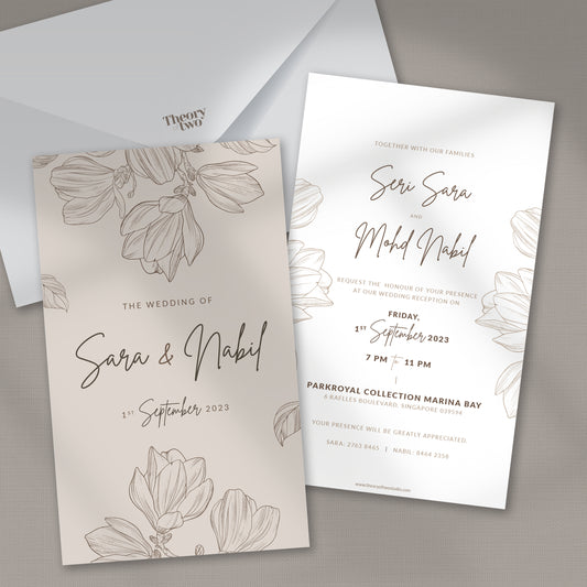 NEW!!! FLORAL OUTLINE IN LATTE WEDDING INVITATION