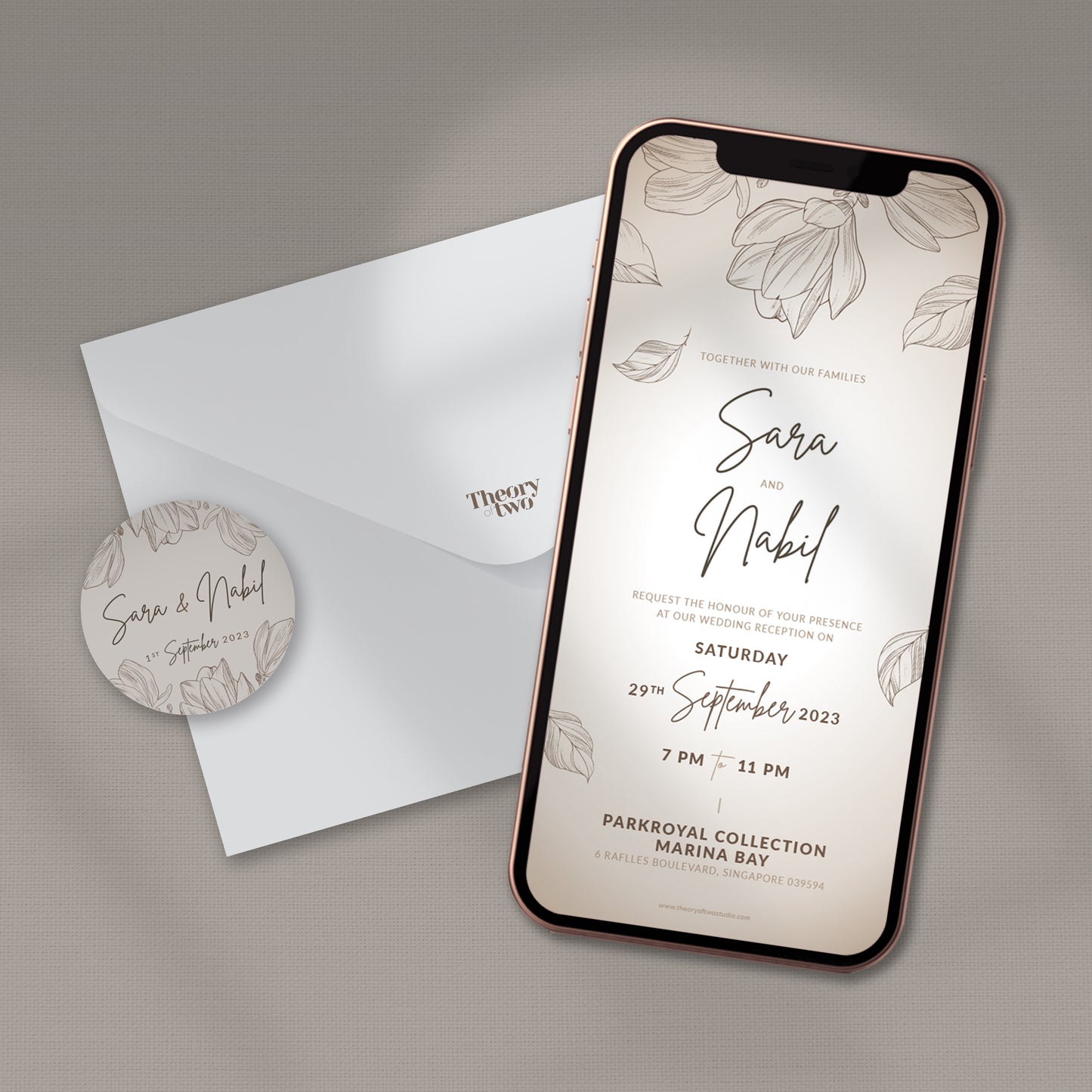 NEW!!! FLORAL OUTLINE IN LATTE WEDDING INVITATION