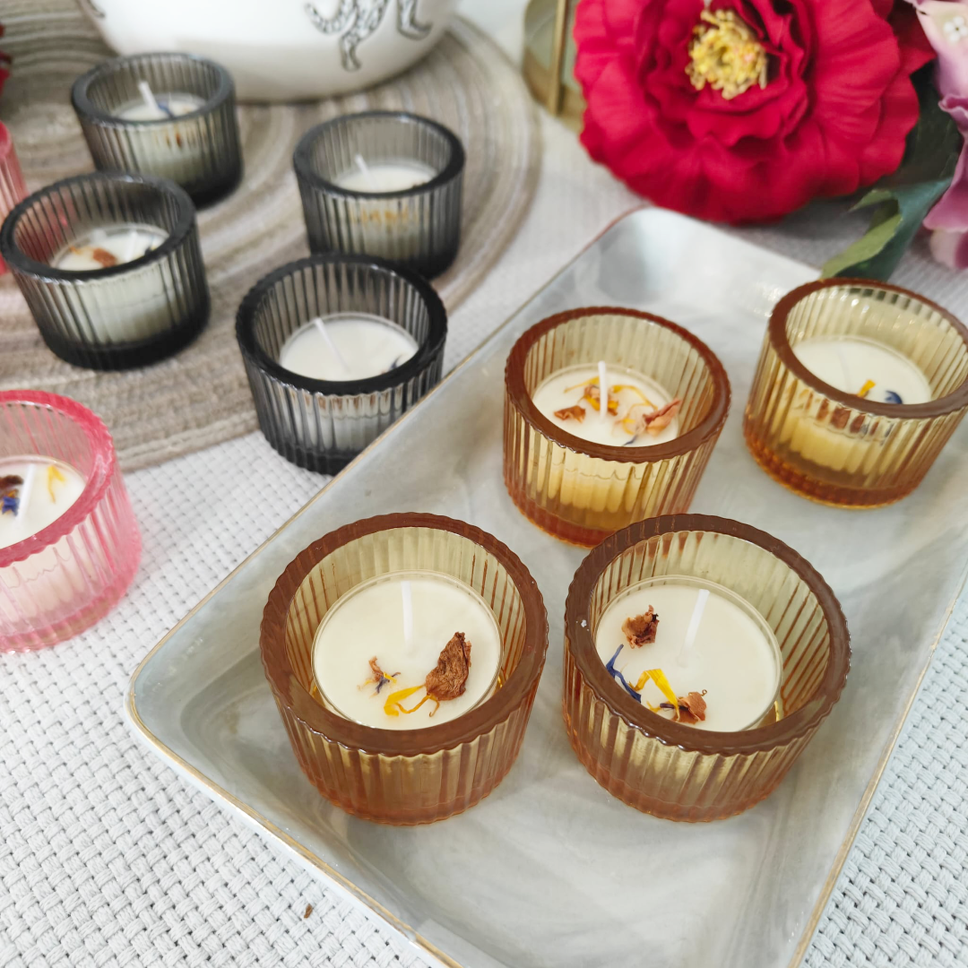 BUNGA RAMPAI TEA LIGHT + COLOURED GLASS HOLDER (MINIMUM ORDER OF 30 PCS)