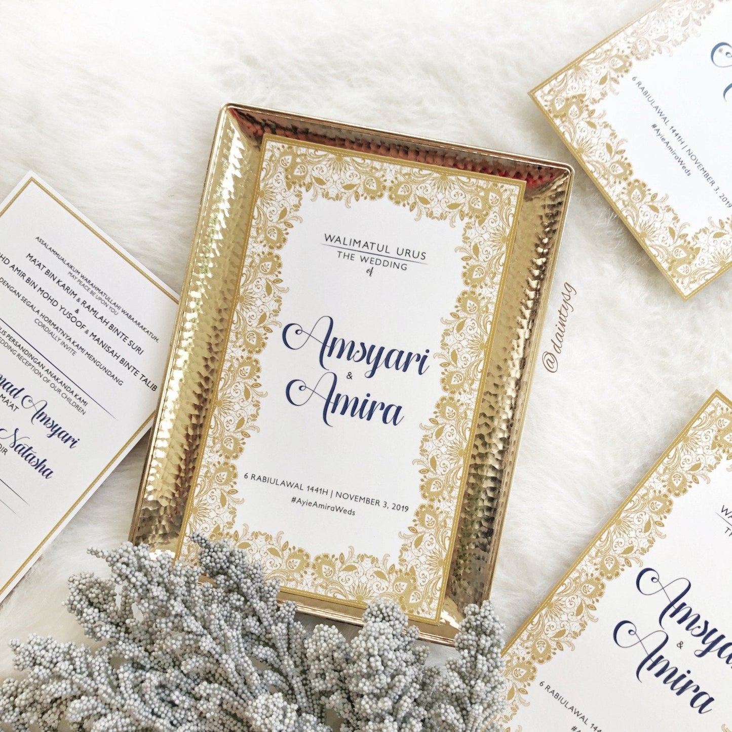 ROMANTIC NAVY BLUE AND GOLD LACE WEDDING INVITATION