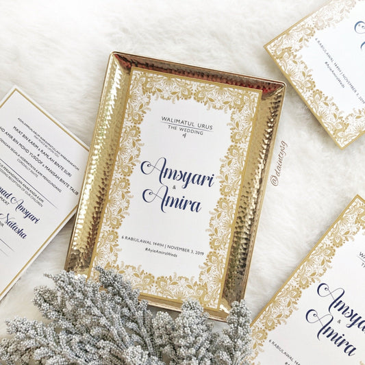 ROMANTIC NAVY BLUE AND GOLD LACE WEDDING INVITATION