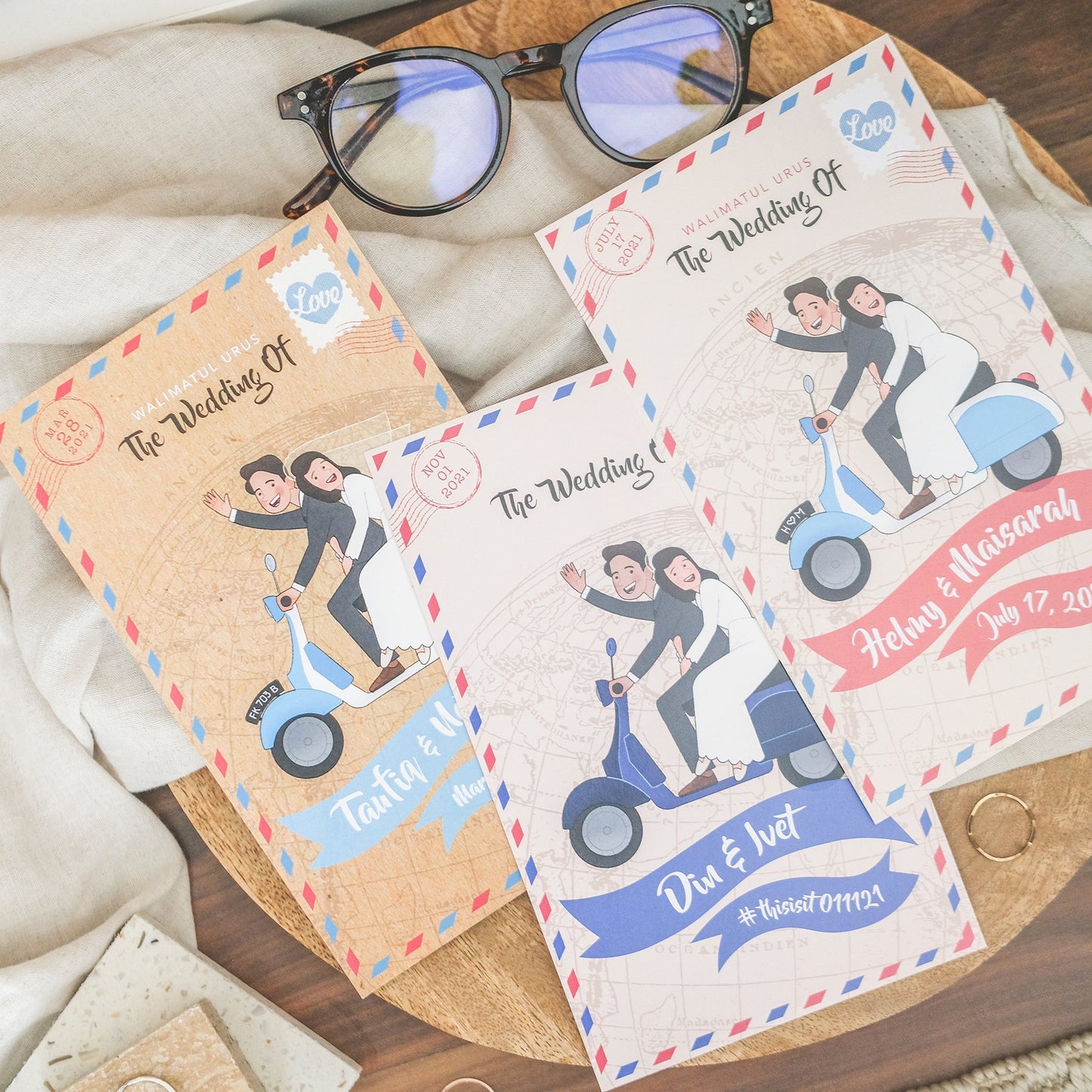 Bride and Groom on Blue Vespa Scooter Illustrated | SG Wedding Card