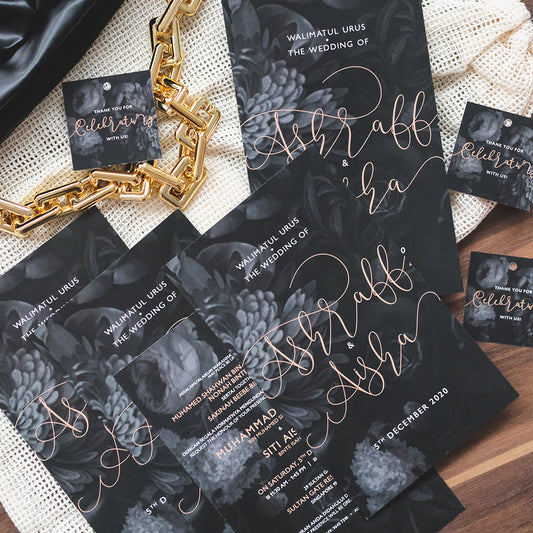 CLASSIC BLACK & PEACH FLORAL WEDDING INVITATION