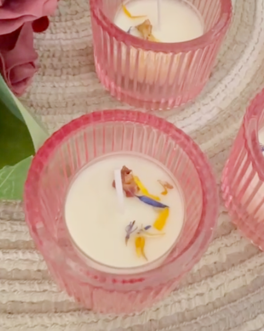 BUNGA RAMPAI TEA LIGHT + COLOURED GLASS HOLDER (MINIMUM ORDER OF 30 PCS)