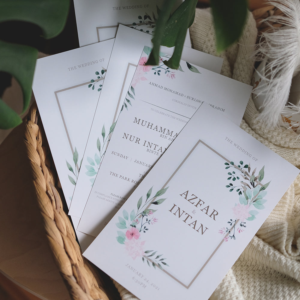 Elegant Eucalyptus Frame With Pink Flowers Wedding Invitations | Kad Kahwin Singapore