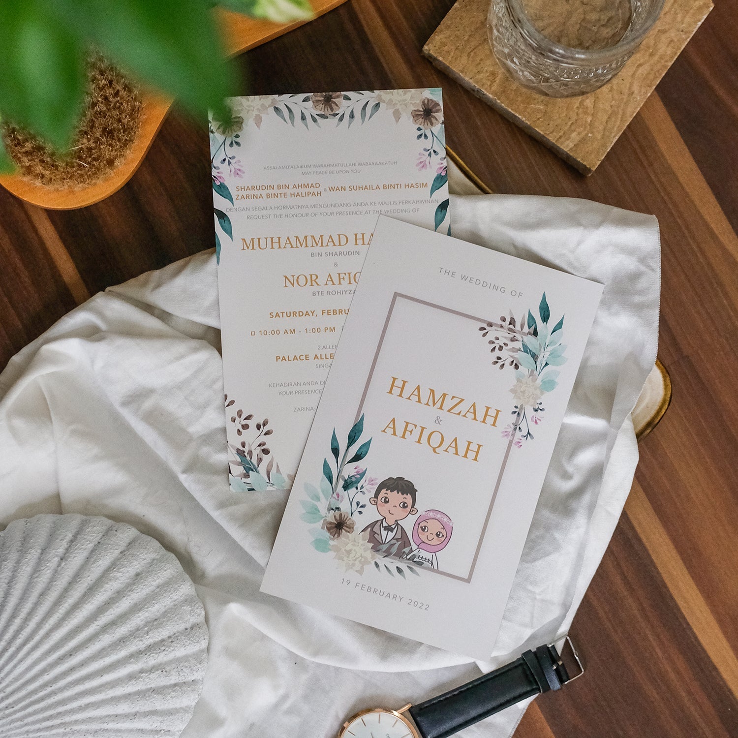 Couple Illustration Eucalyptus Frame Wedding Invitations | Kad Kahwin Singapore