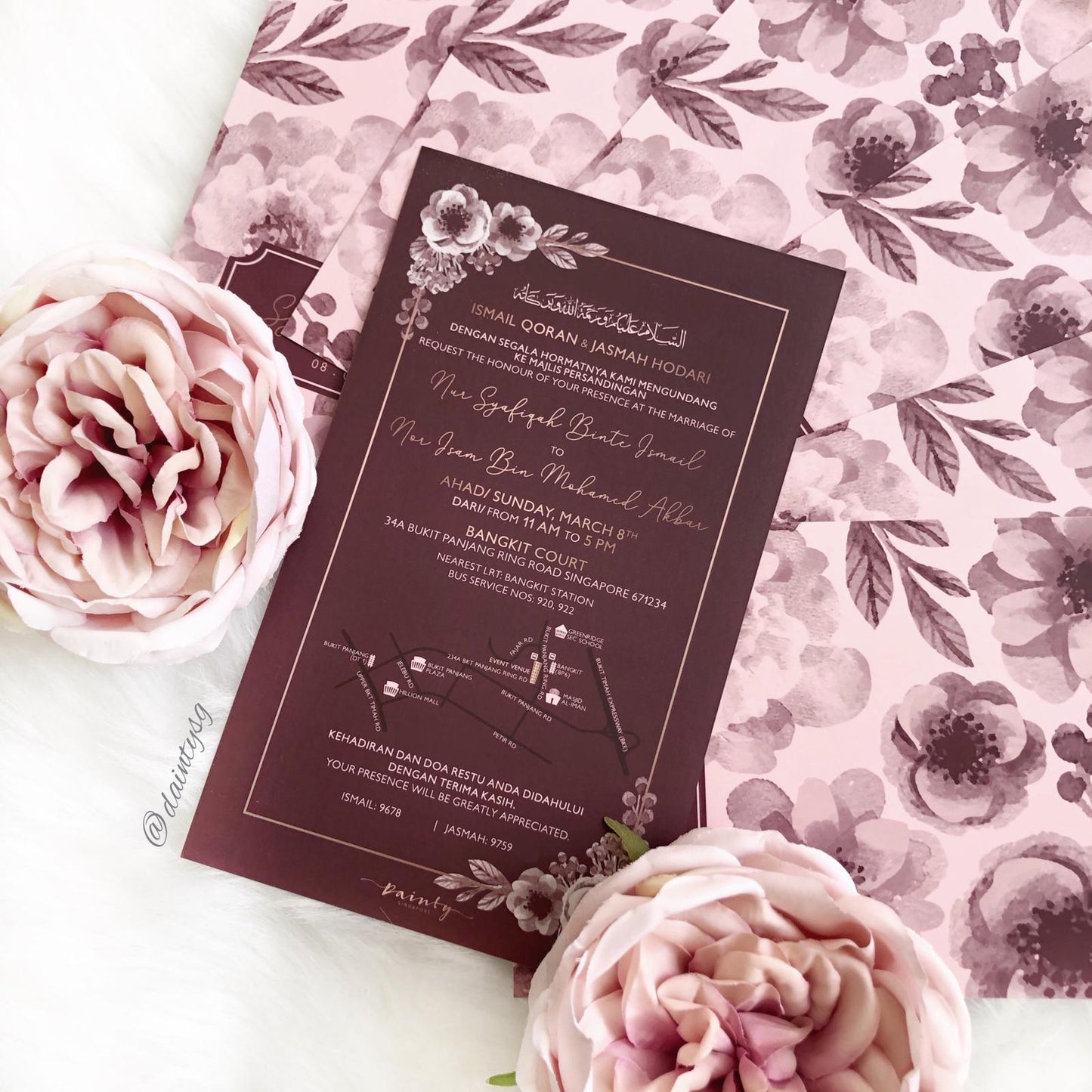 Stunning Burgundy Floral Wedding Invitations | Kad Kahwin Singapore