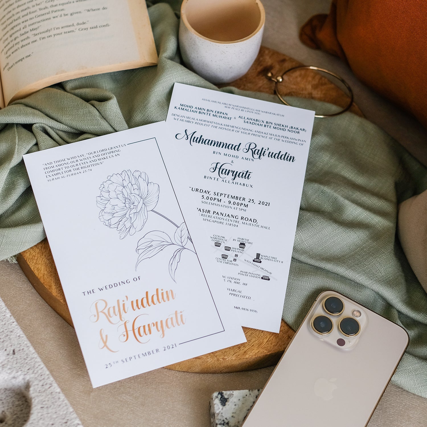 Black And White Outline Peony Wedding Invitations | Kad Kahwin SG