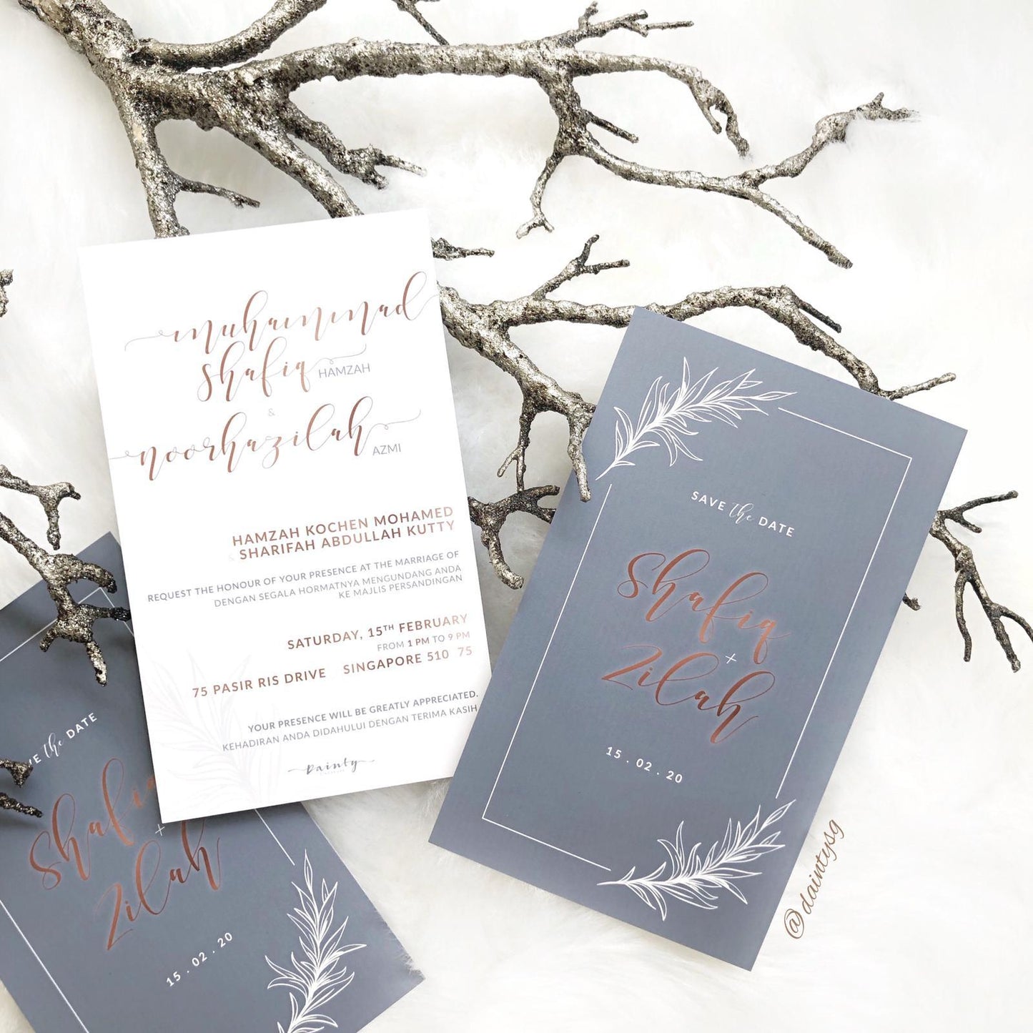 STONE GREY AND ROSE GOLD MODERN WEDDING INVITATION