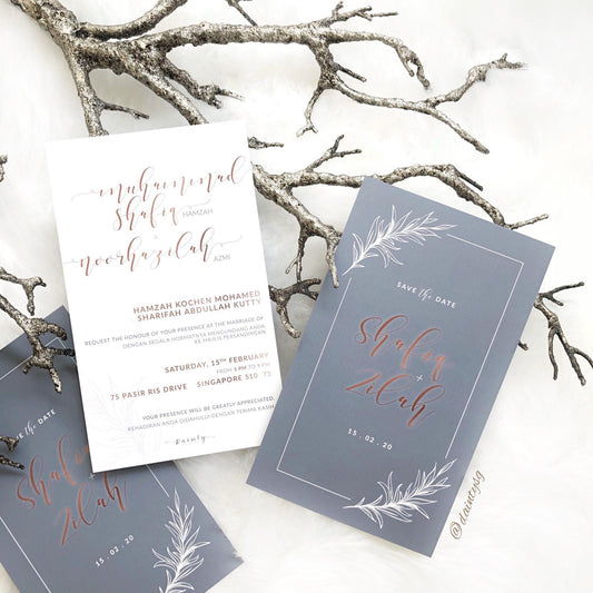 STONE GREY AND ROSE GOLD MODERN WEDDING INVITATION