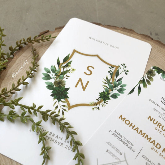 ELEGANT SHIELD GREENERY WEDDING INVITATION