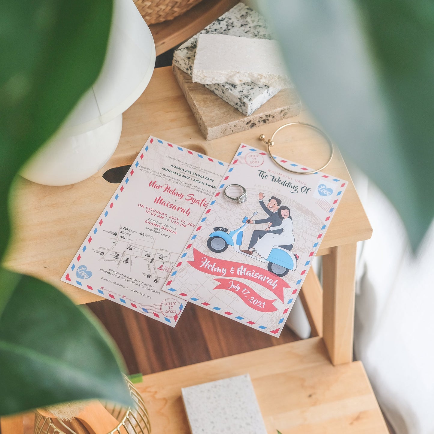 Bride and Groom on Blue Vespa Scooter Illustrated | SG Wedding Card