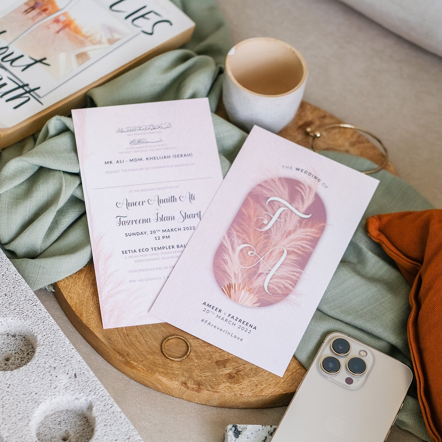 Brown Hues Bohemian Pampas Grass Wedding Invitations Suite | Singapore Wedding Card