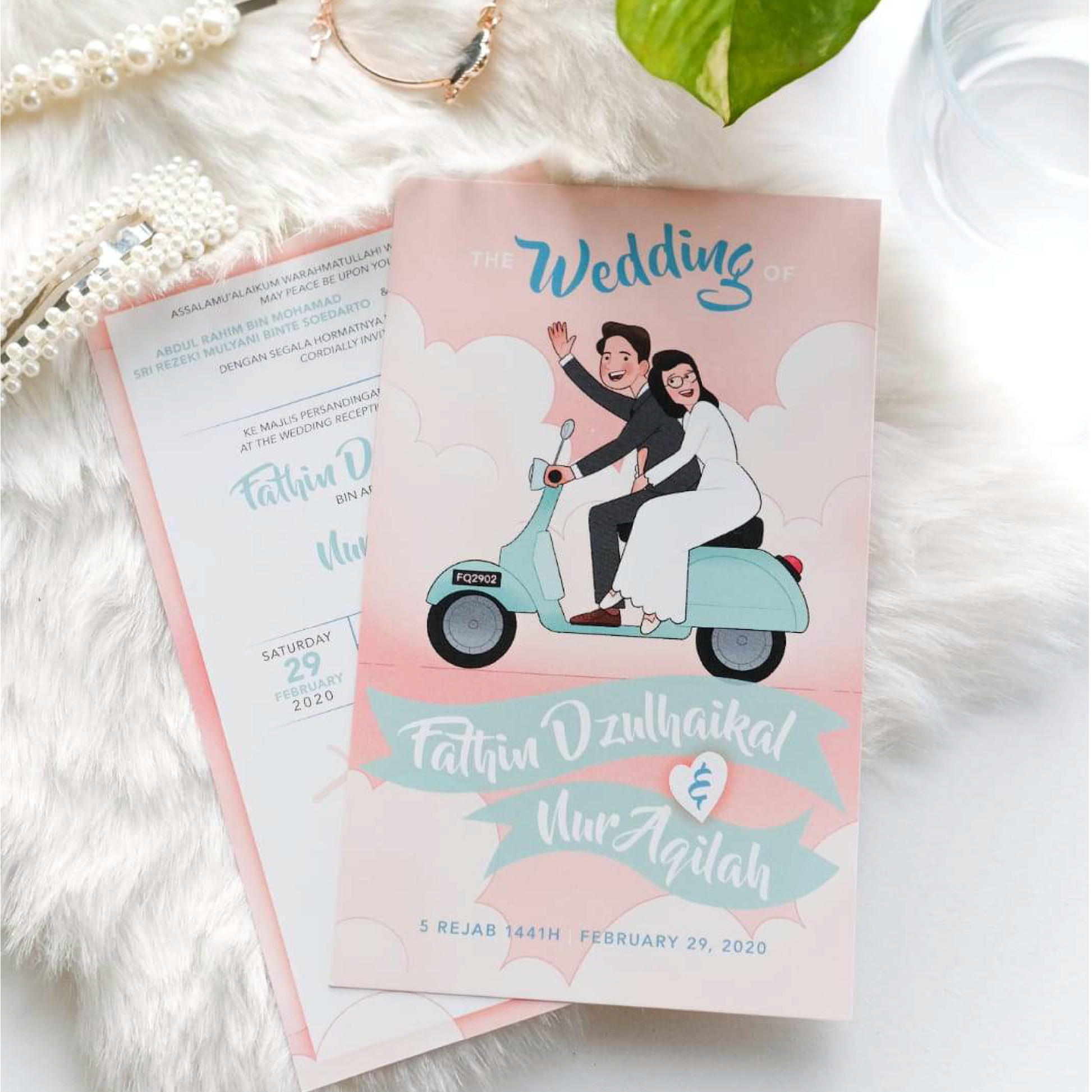 Bride and Groom on Blue Vespa Scooter Illustrated | SG Wedding Card