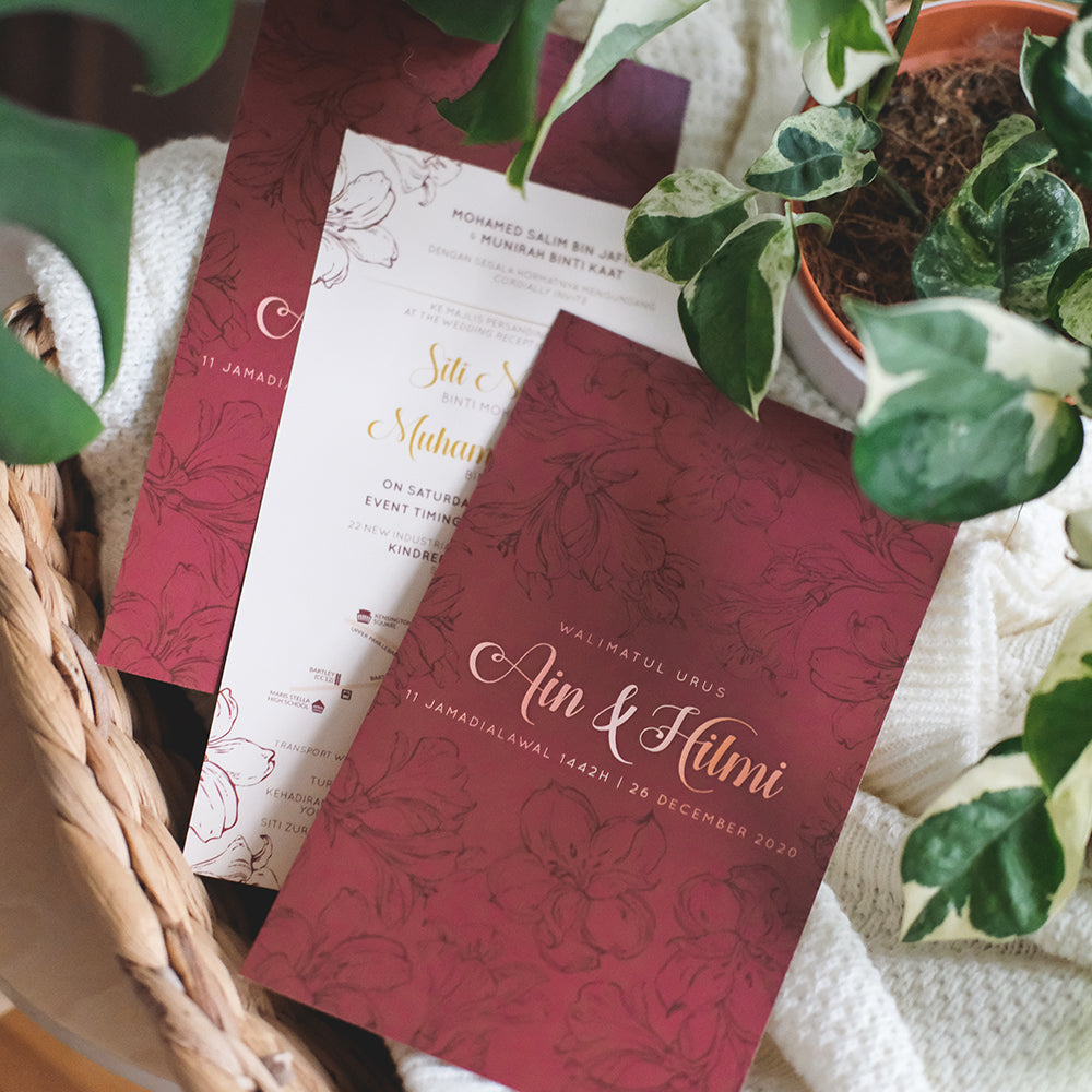 Dark Maroon Hibiscus Wedding Invitations | Kad Kahwin Singapore