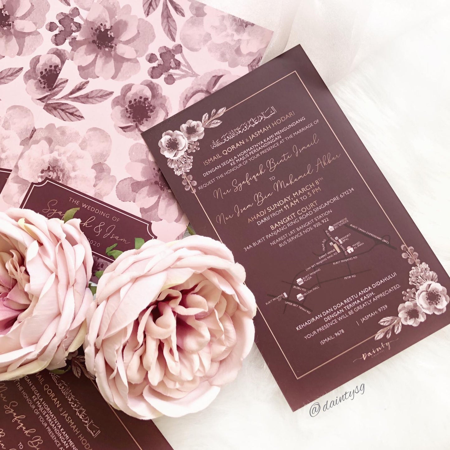 Stunning Burgundy Floral Wedding Invitations | Kad Kahwin Singapore