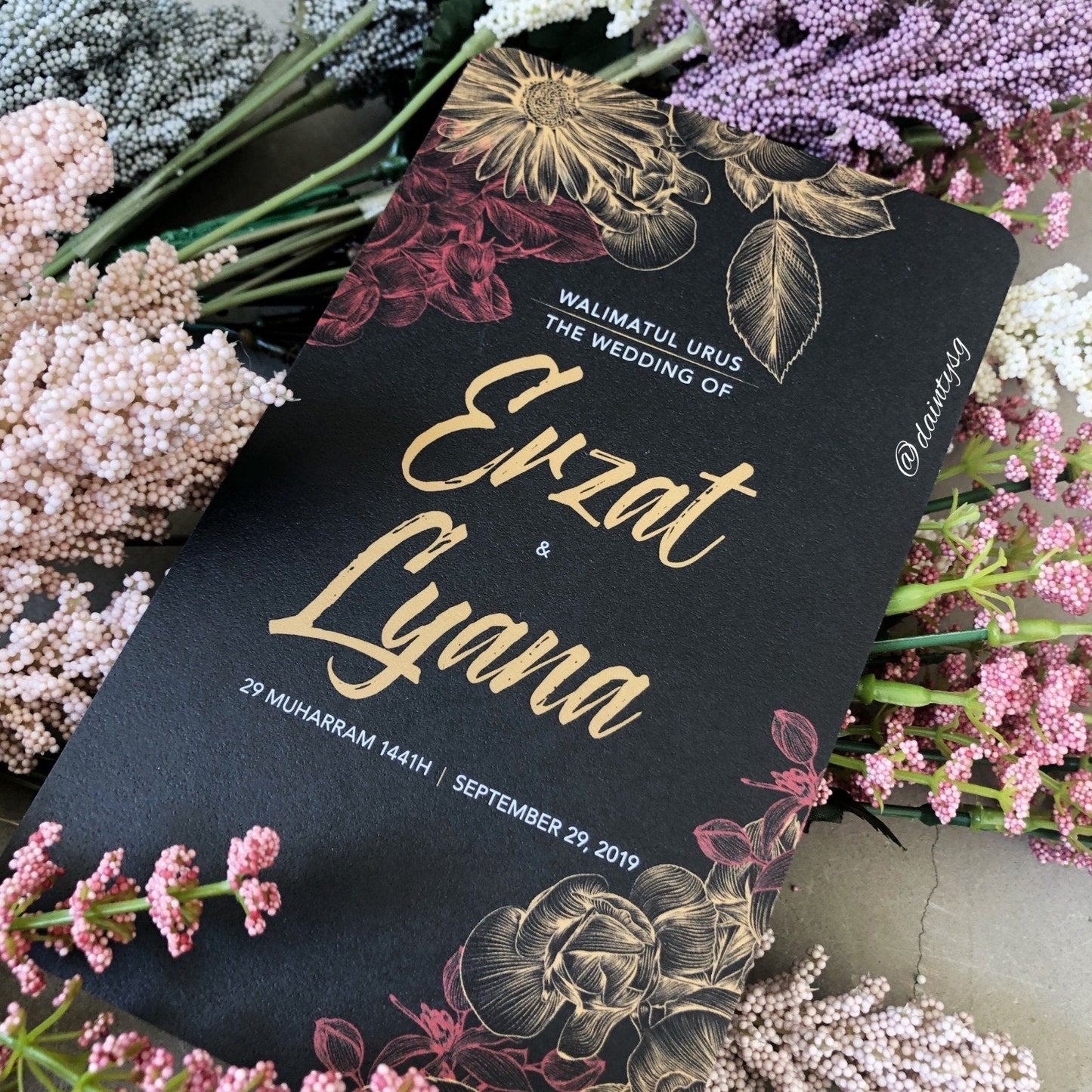 ELEGANT RED FLORAL ON BLACK WEDDING INVITATION