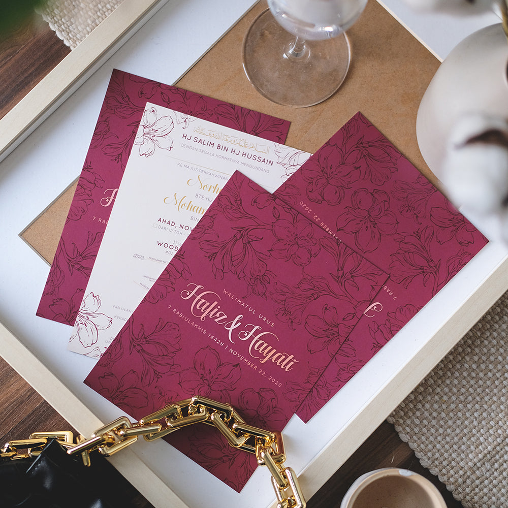 Dark Maroon Hibiscus Wedding Invitations | Kad Kahwin Singapore