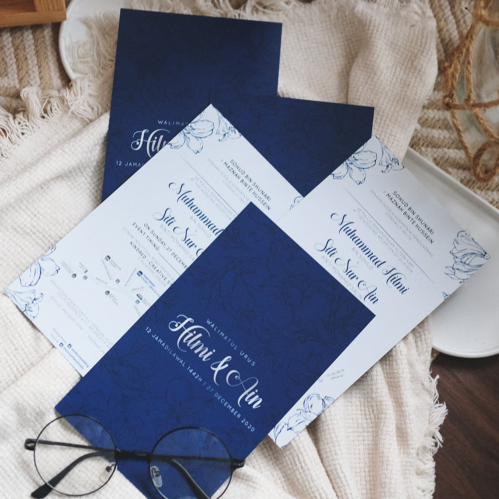 Midnight Blue Hibiscus Wedding Invitations | Kad Kahwin Singapore