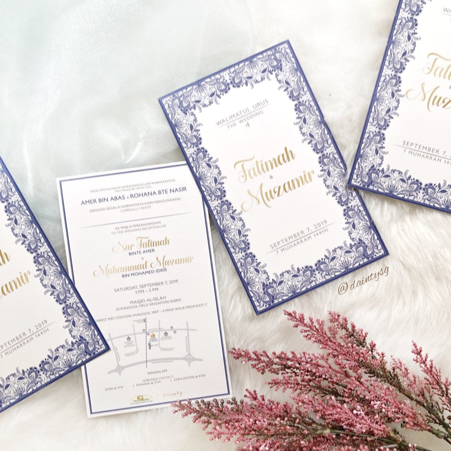 Romantic Gold And Navy Blue Lace Invitations | Wedding Card SG