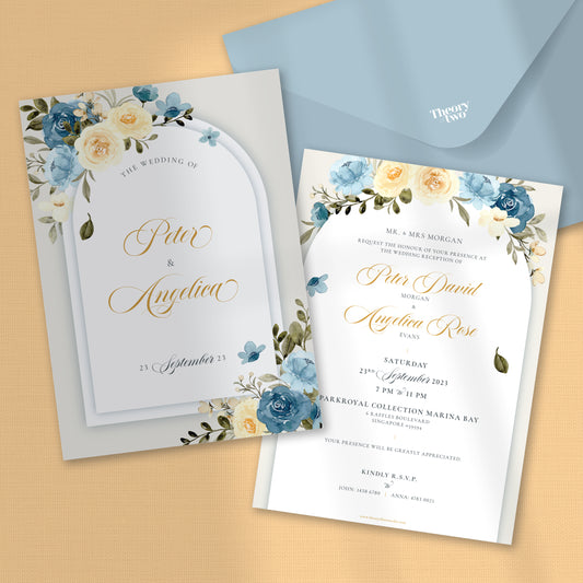NEW!!! BLUE & CREAM FLORAL WEDDING INVITATION