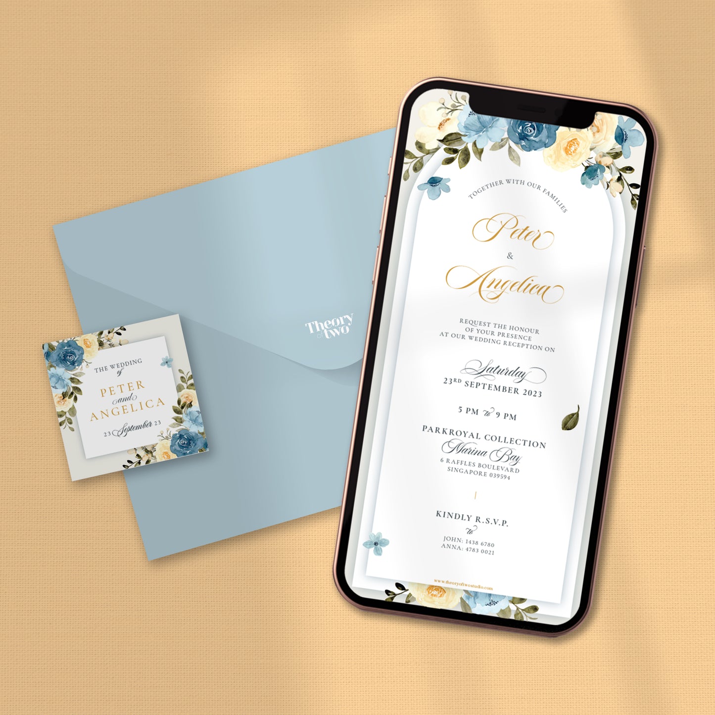 NEW!!! BLUE & CREAM FLORAL WEDDING INVITATION