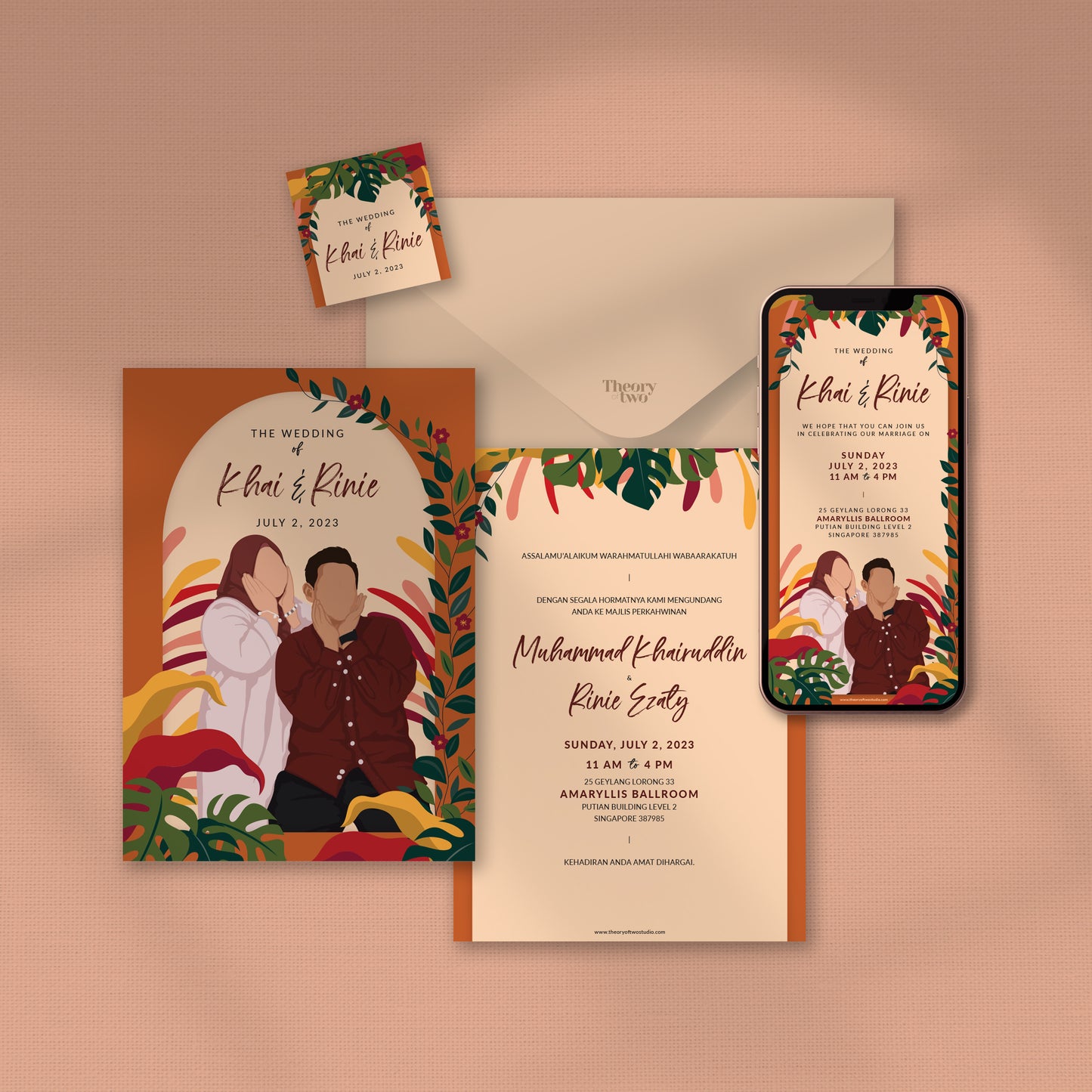 BURNT ORANGE ILLUSTRATION WEDDING INVITATION