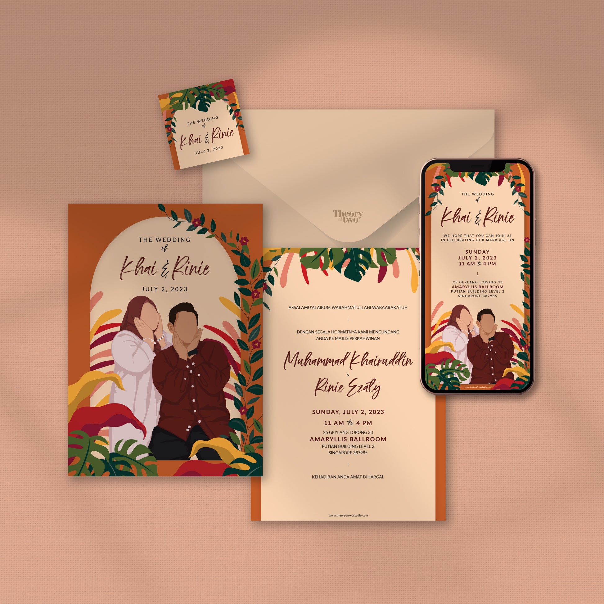 BURNT ORANGE ILLUSTRATION WEDDING INVITATION