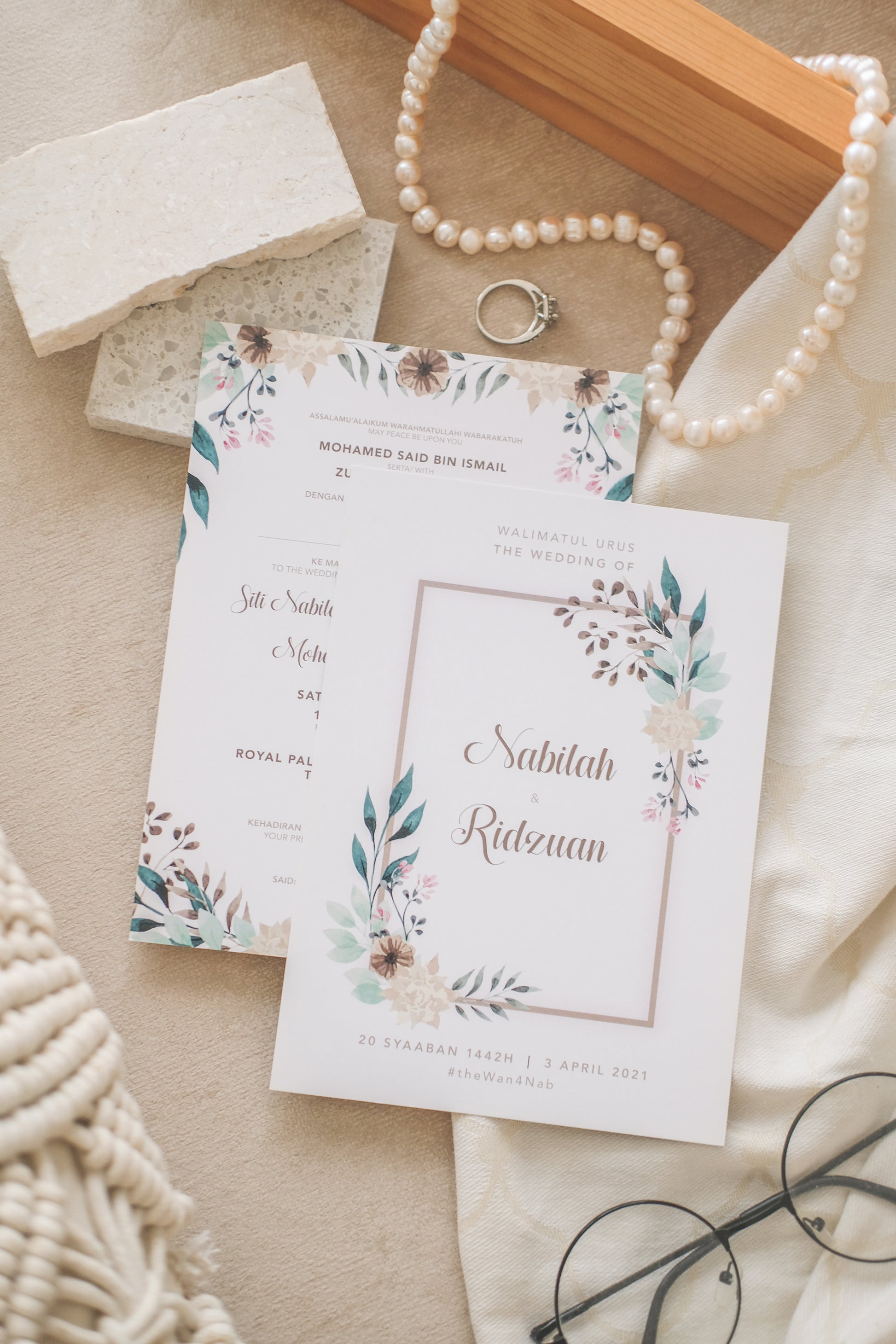 Elegant Eucalyptus Frame With Pink Flowers Wedding Invitations | Kad Kahwin Singapore
