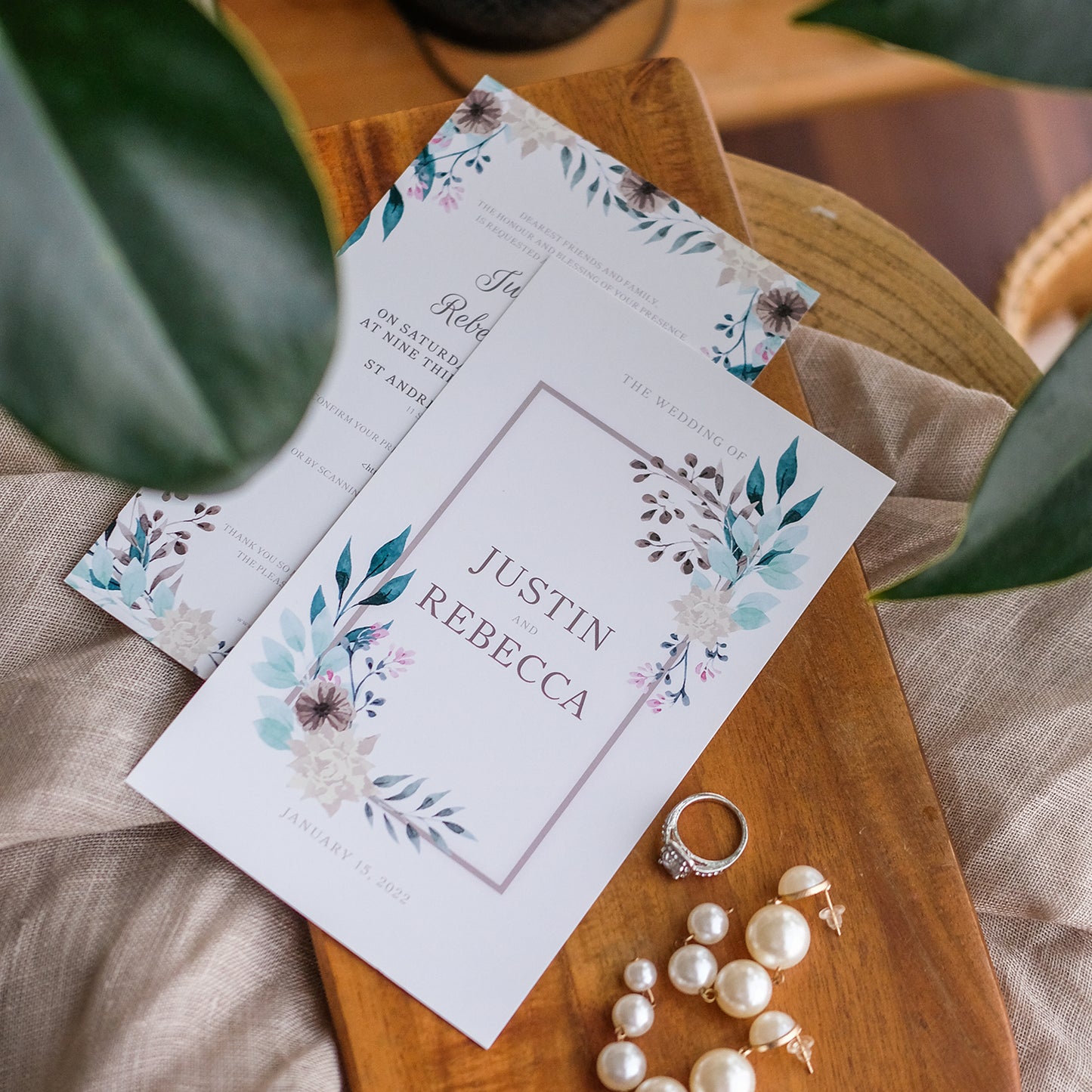 Elegant Eucalyptus Frame With Pink Flowers Wedding Invitations | Kad Kahwin Singapore