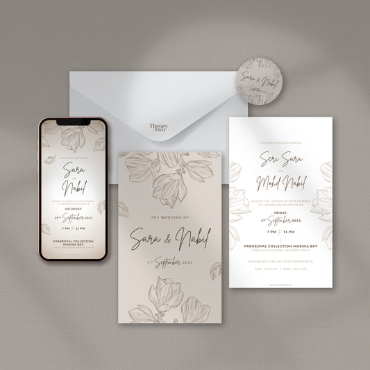 NEW!!! FLORAL OUTLINE IN LATTE WEDDING INVITATION