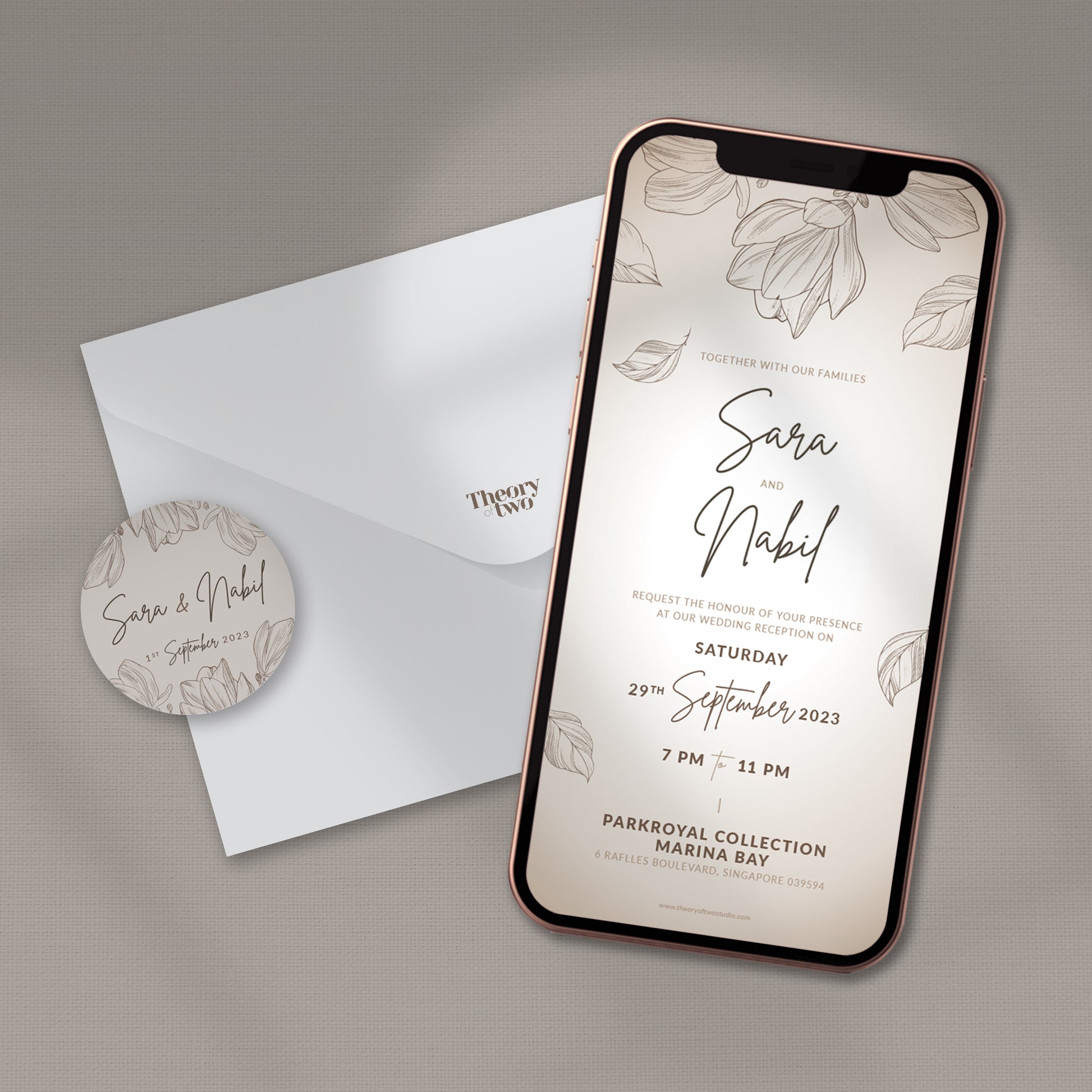 NEW!!! FLORAL OUTLINE IN LATTE WEDDING INVITATION