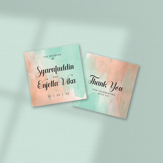 GREEN AND PEACH WATERCOLOR WEDDING FAVOR STICKER/ TAG 