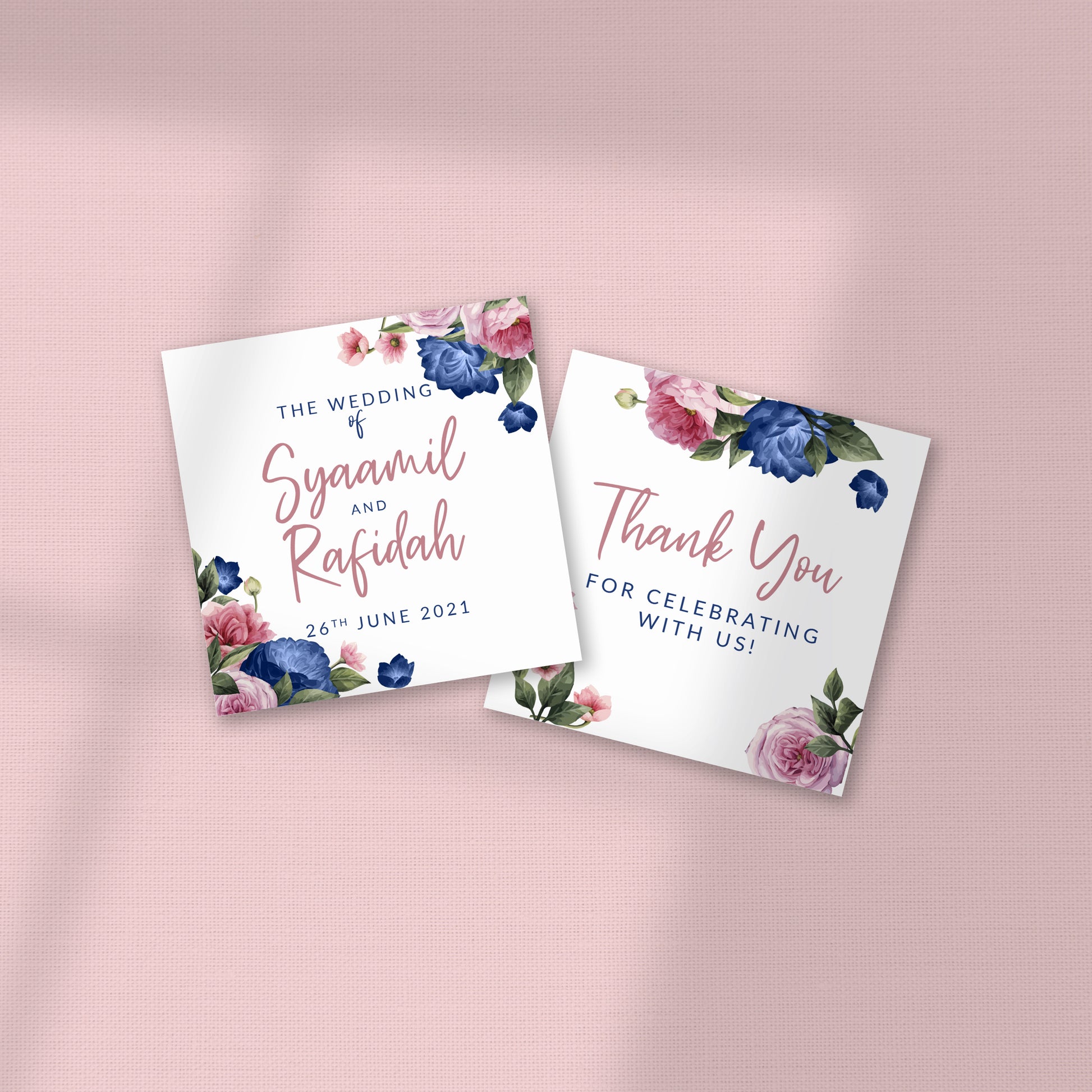 NAVY BLUE AND BLUSH PINK FLORAL WEDDING FAVOR STICKER/ TAG 