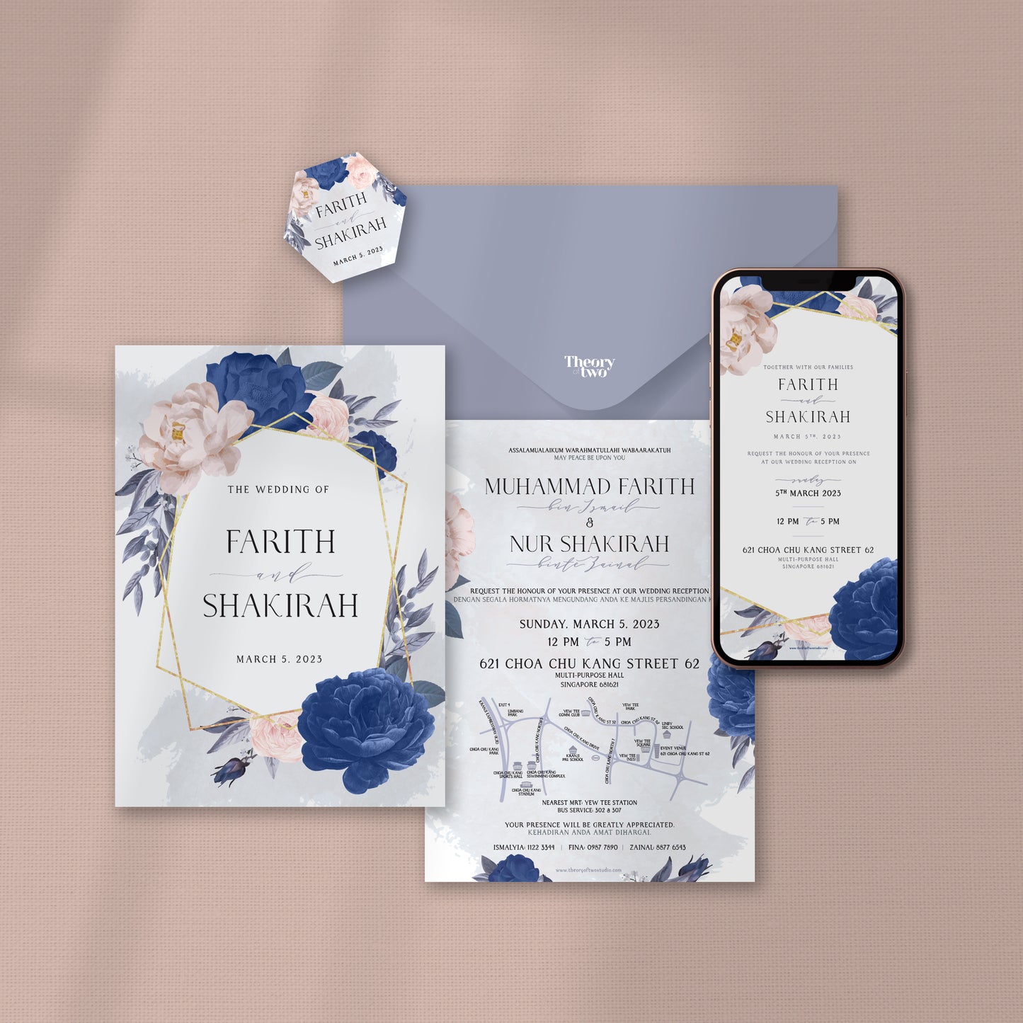 PINK BLUSH AND DUSTY BLUE FLORAL WEDDING INVITATION