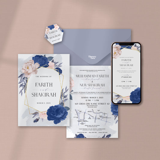 PINK BLUSH AND DUSTY BLUE FLORAL WEDDING INVITATION