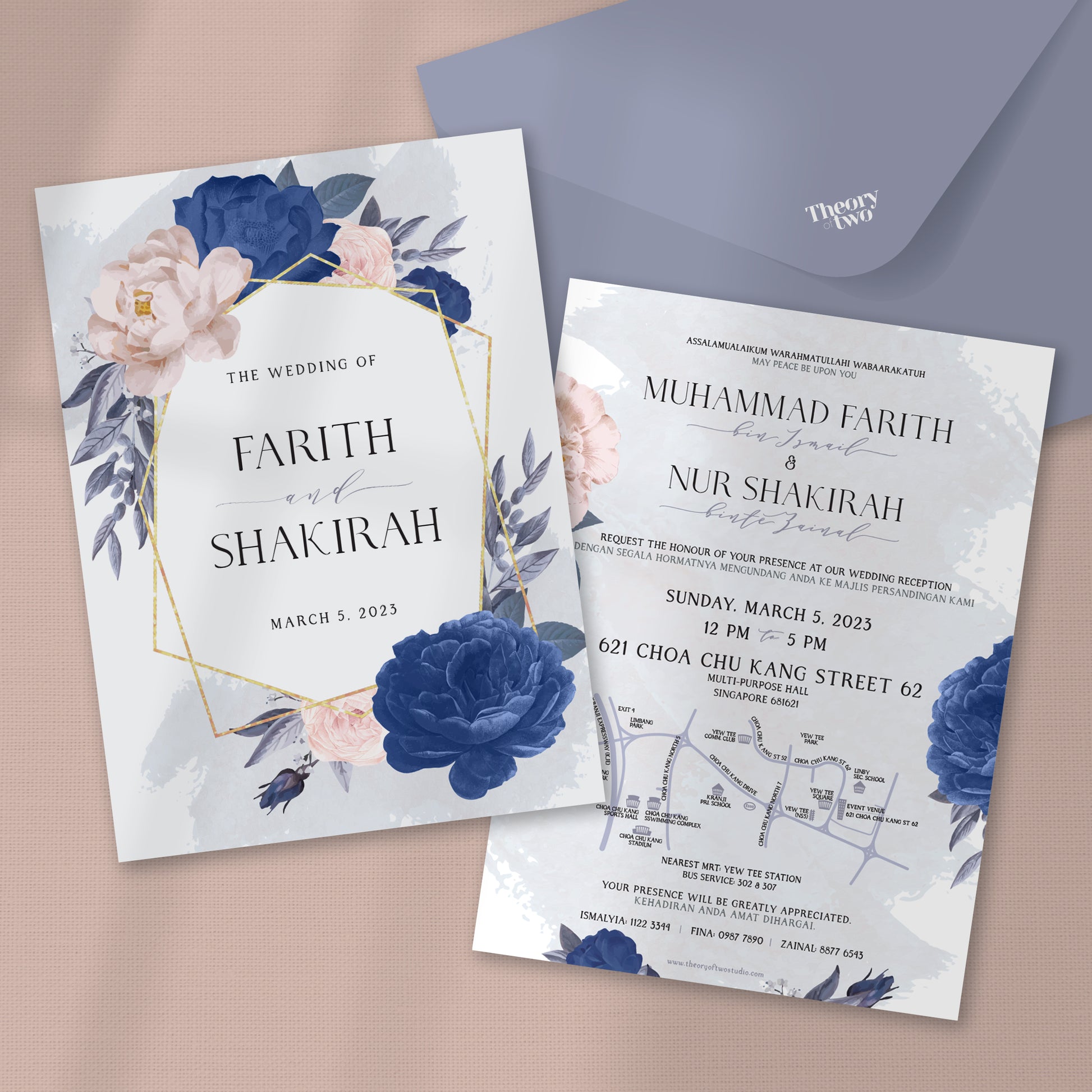 PINK BLUSH AND DUSTY BLUE FLORAL WEDDING INVITATION
