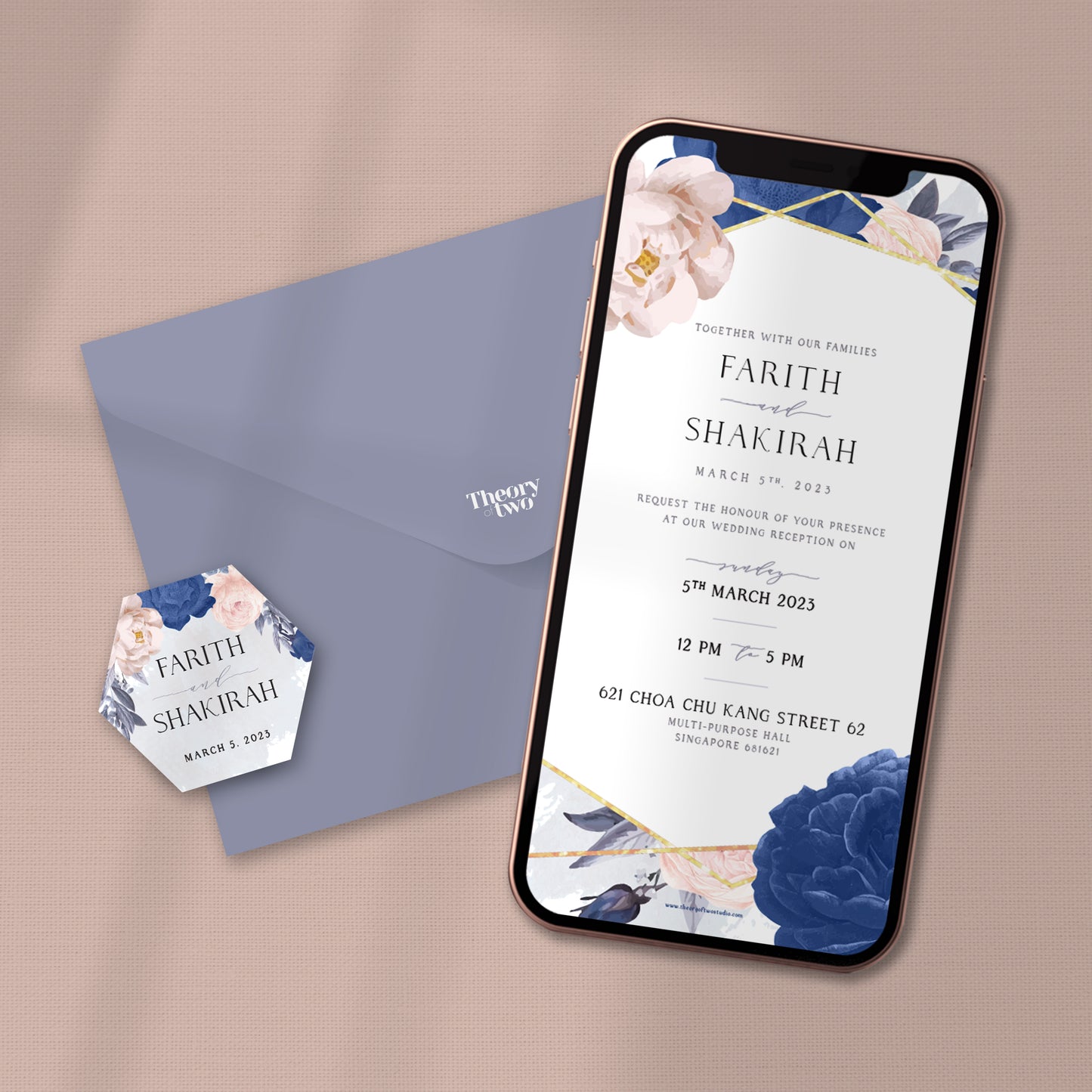 PINK BLUSH AND DUSTY BLUE FLORAL WEDDING INVITATION