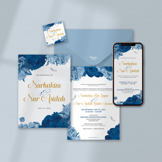 NEW!!! ROYAL BLUE & GREY FLOWER WEDDING INVITATION