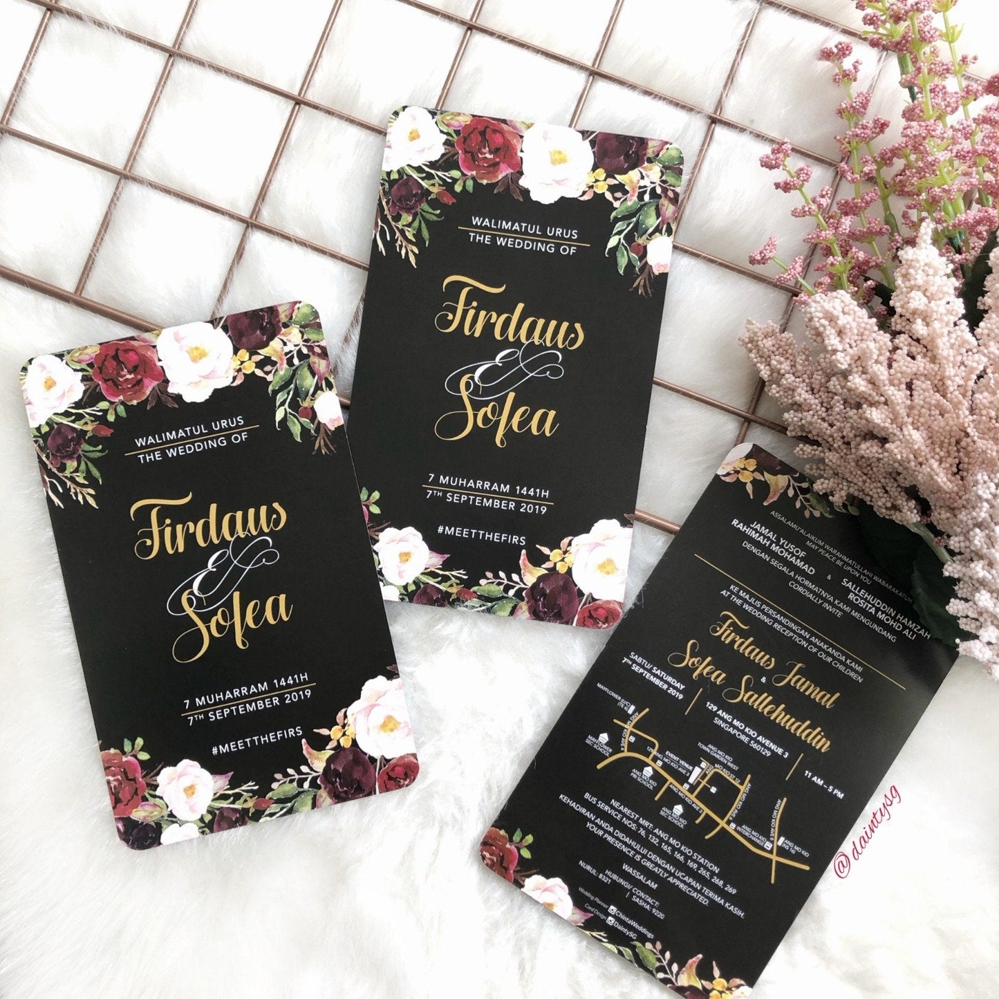 Burgundy Marsala On Black Wedding Invitations | Wedding Card SG