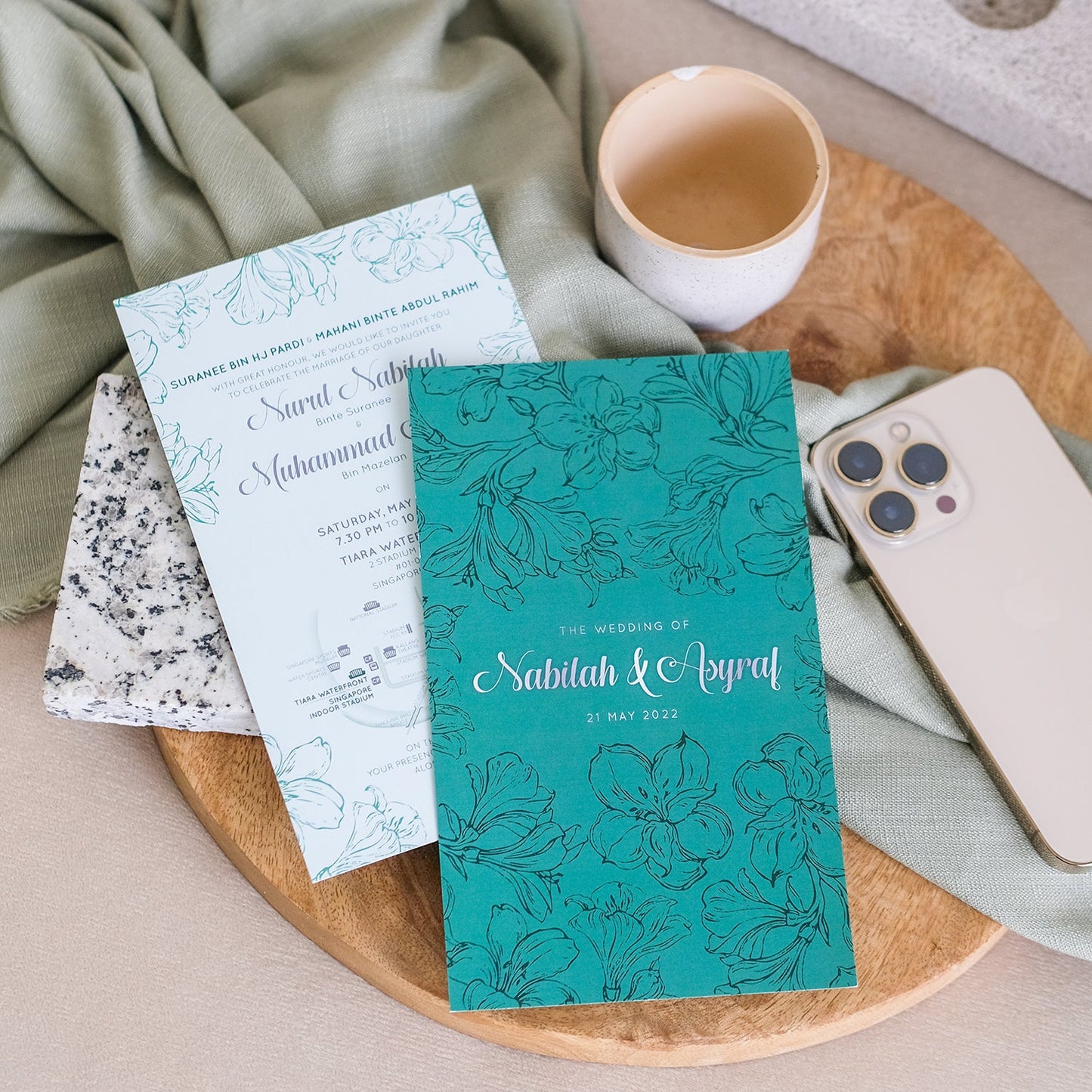 Teal Hibiscus Wedding Invitations | Kad Kahwin Singapore