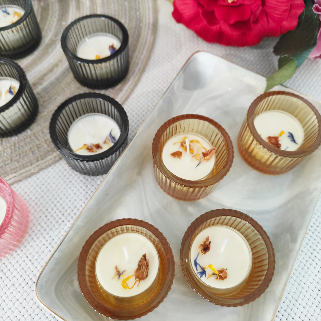 BUNGA RAMPAI TEA LIGHT + COLOURED GLASS HOLDER (MINIMUM ORDER OF 30 PCS)