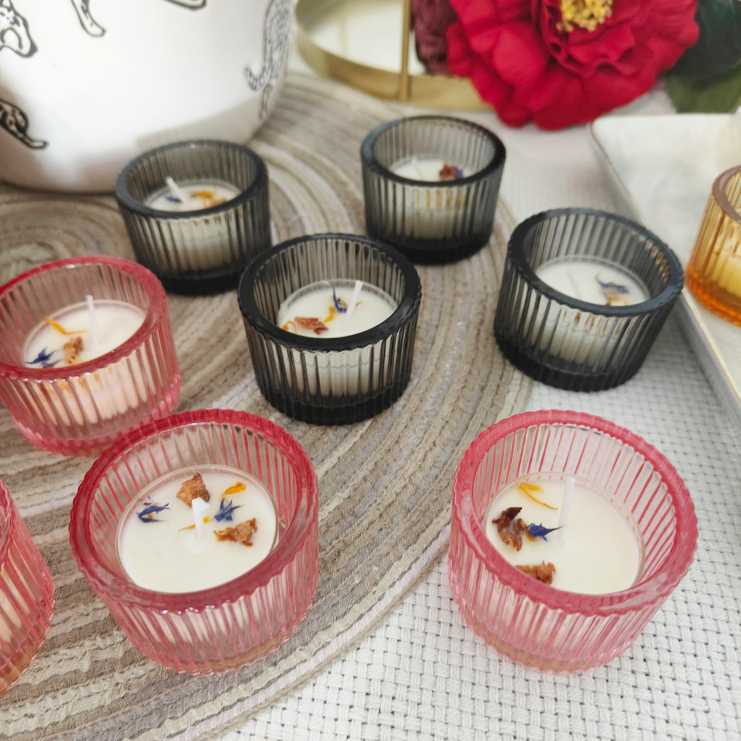 BUNGA RAMPAI TEA LIGHT + COLOURED GLASS HOLDER (MINIMUM ORDER OF 30 PCS)