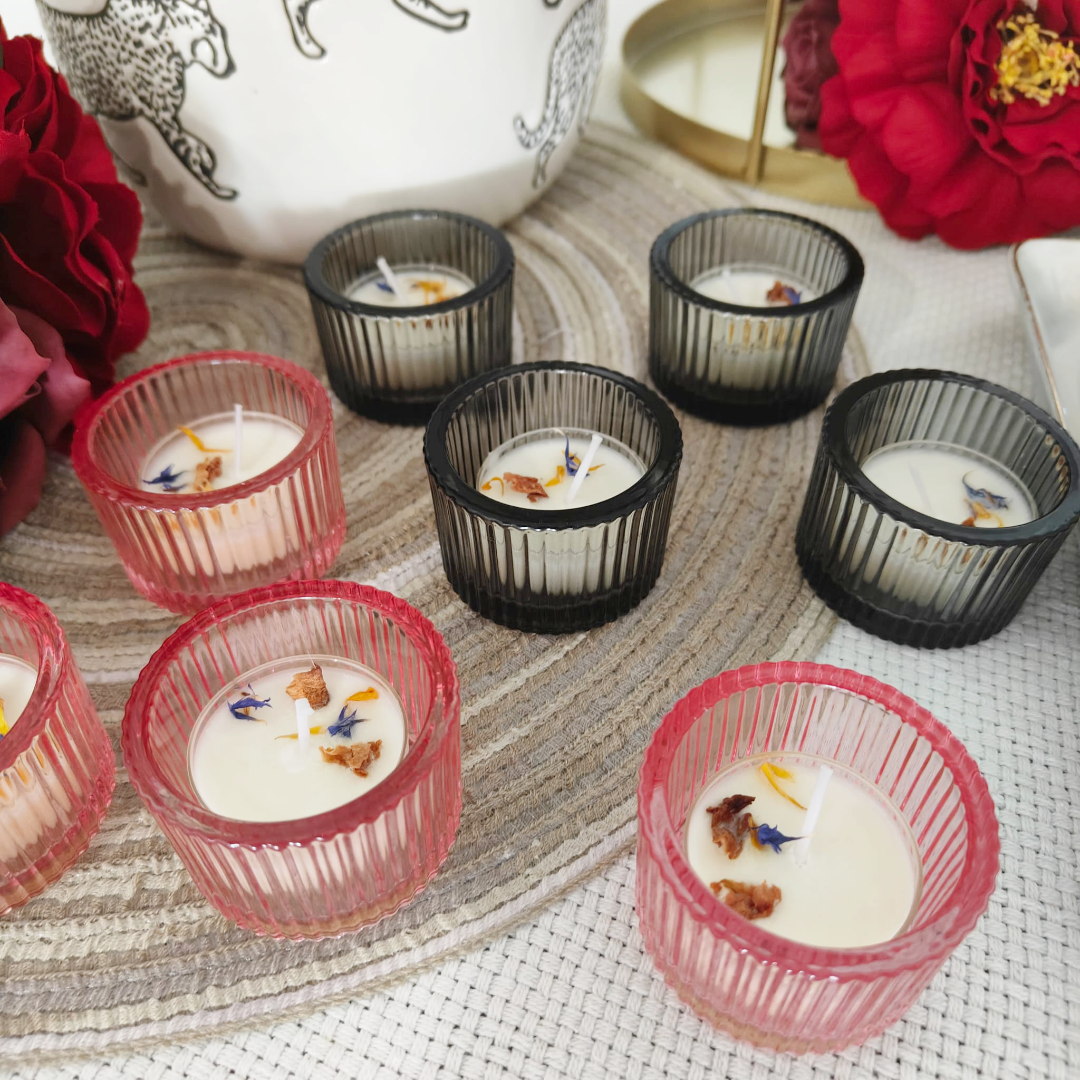BUNGA RAMPAI TEA LIGHT + COLOURED GLASS HOLDER (MINIMUM ORDER OF 30 PCS)